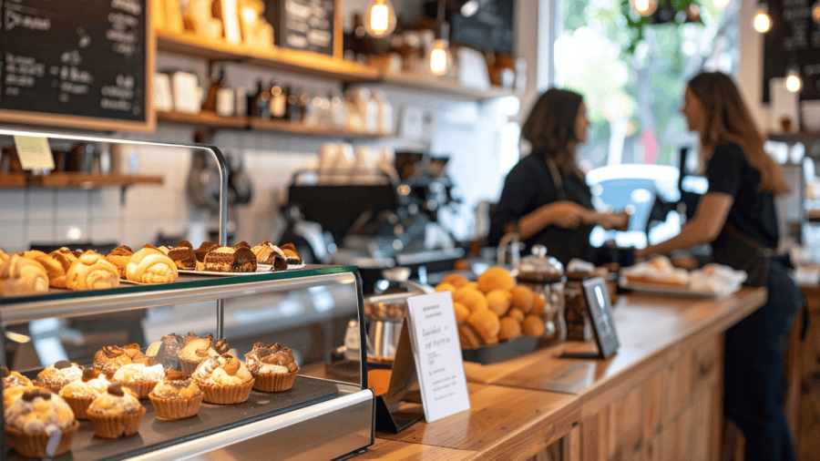 Cafeteria com foco em balcão com muffins e, ao fundo, uma atendente recebendo o pagamento de uma cliente via cartões de benefícios.